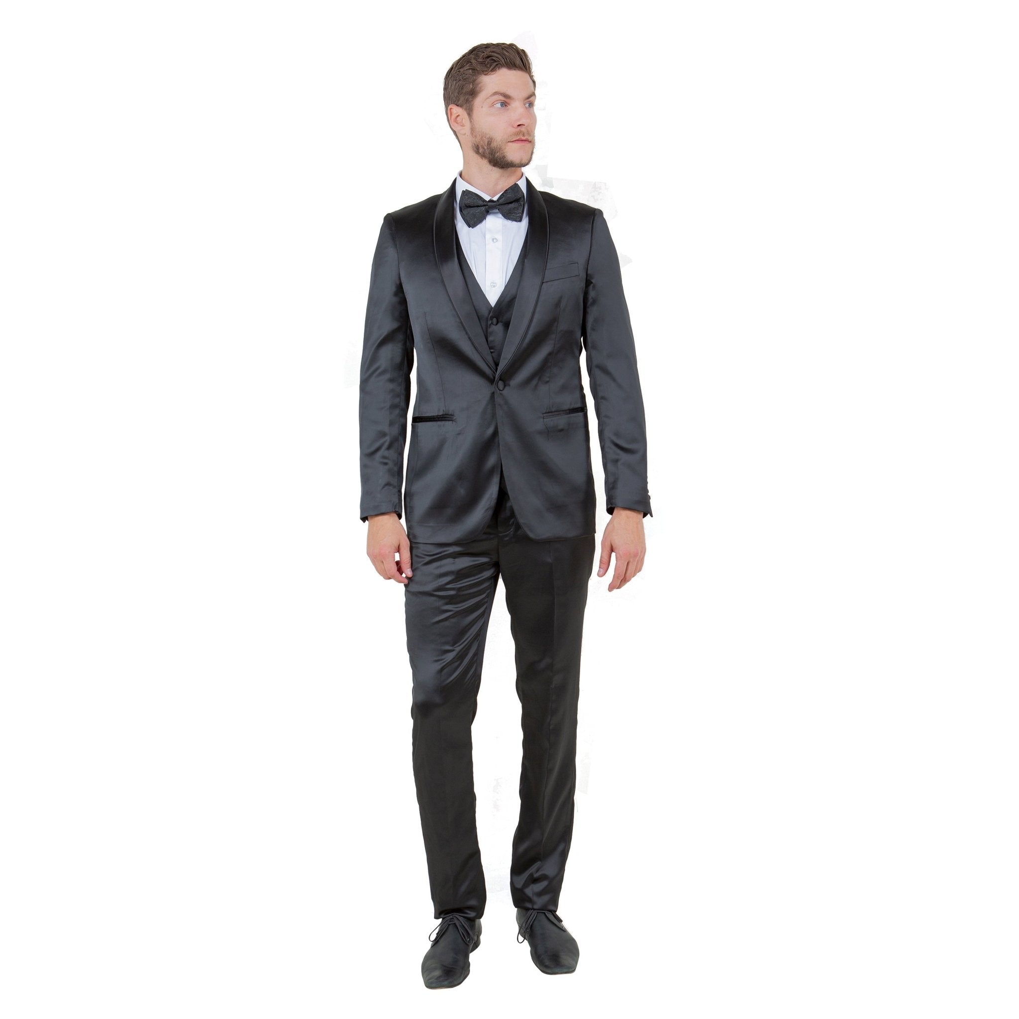 Mens 3pc Solid Satin Suit Set w/ Free Bowtie - Bundle Bus