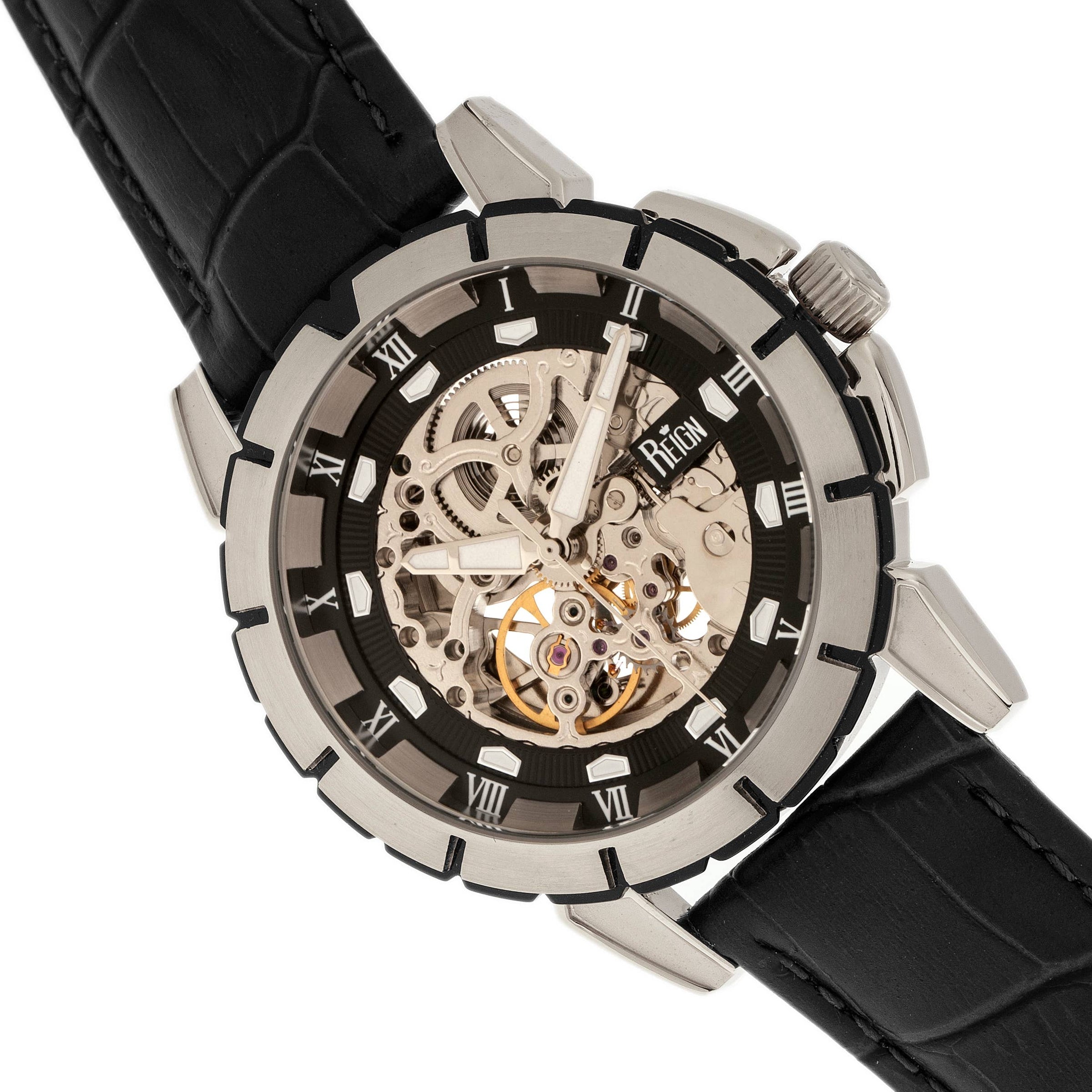 Reign Philippe Automatic Leather-Band Skeleton Watch