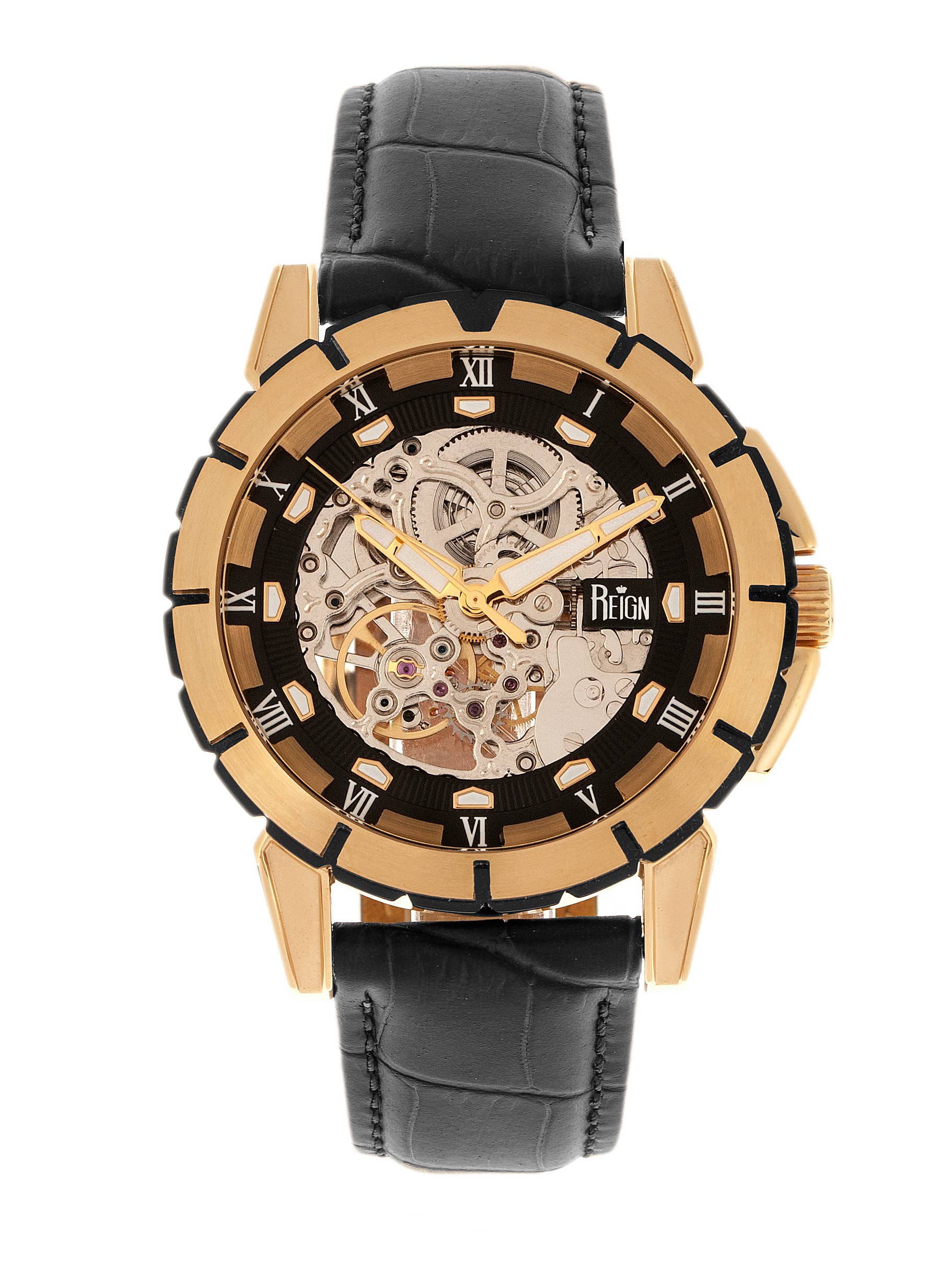 Reign Philippe Automatic Leather-Band Skeleton Watch
