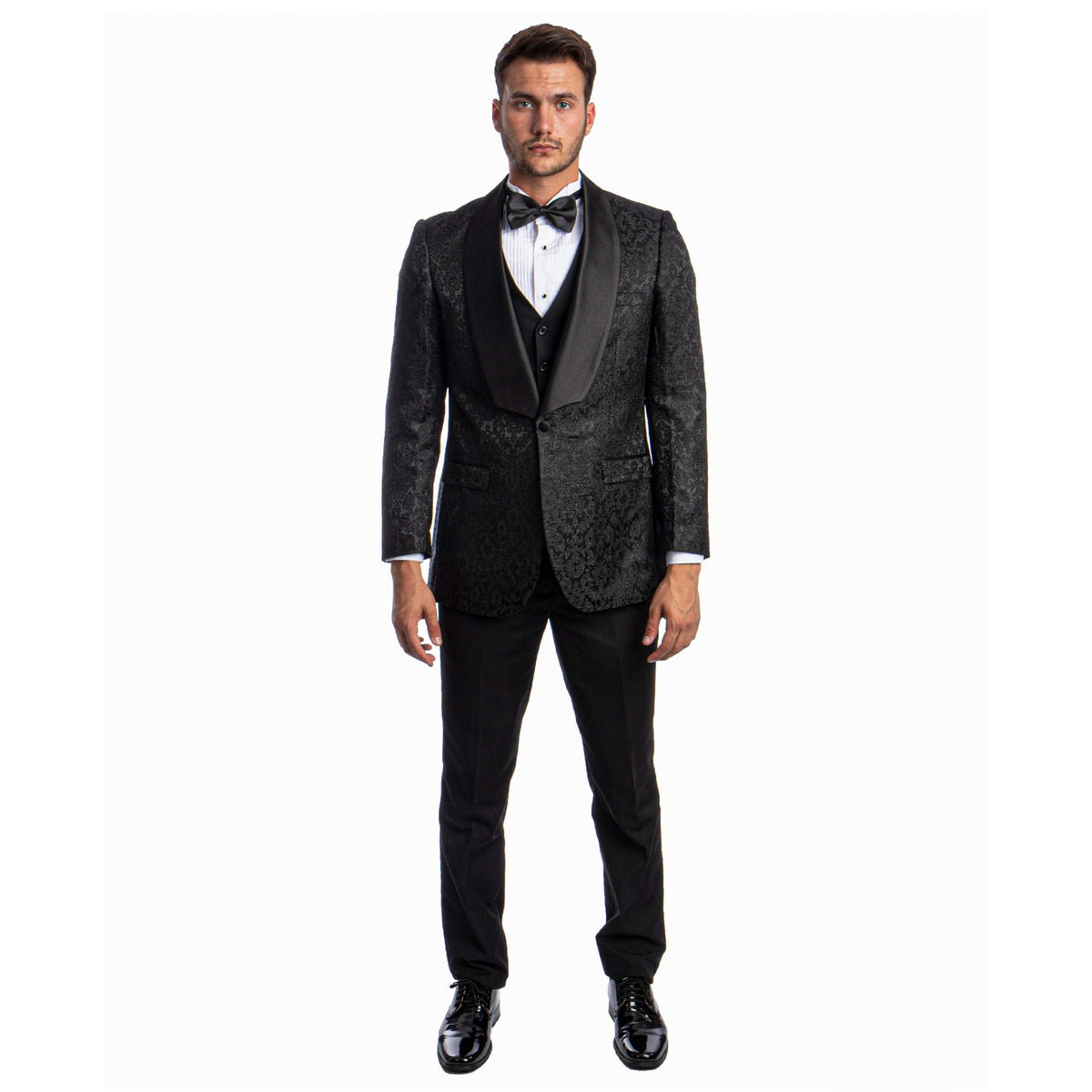 Black Men's Hybrid - Fit 3pc Paisley Suit w/ Wide Black Shawl Collar - Bundle Bus