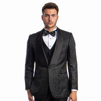 Black Men's Hybrid - Fit 3pc Paisley Suit w/ Wide Black Shawl Collar - Bundle Bus