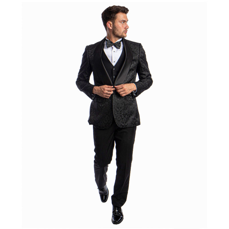 Black Men's Hybrid - Fit 3pc Paisley Suit w/ Wide Black Shawl Collar - Bundle Bus