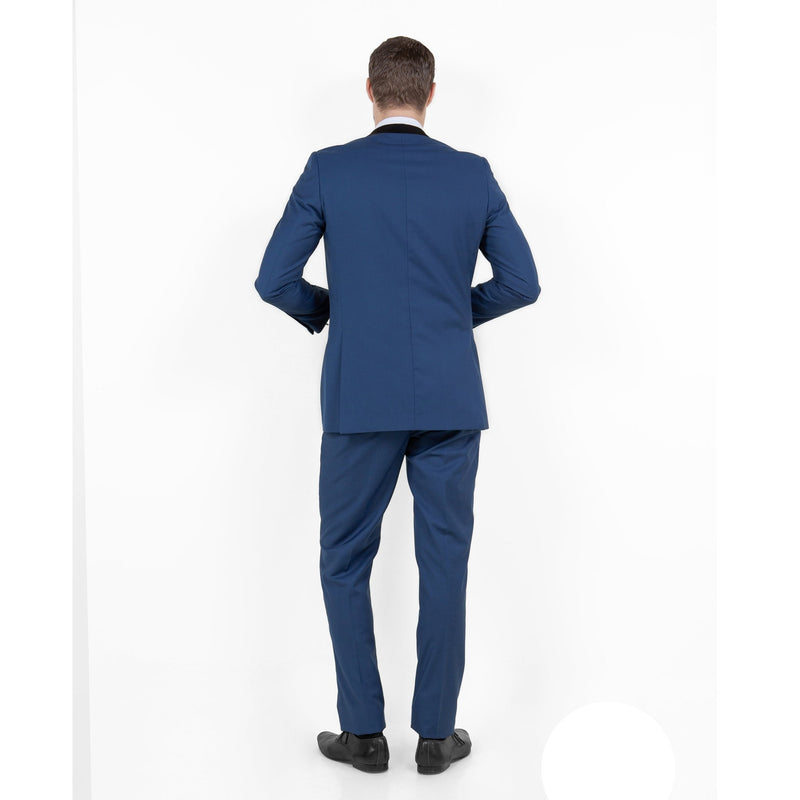 Blue / Black Solid with Black Shawl Collar Trim 2 - PC Slim Fit Suits - Bundle Bus
