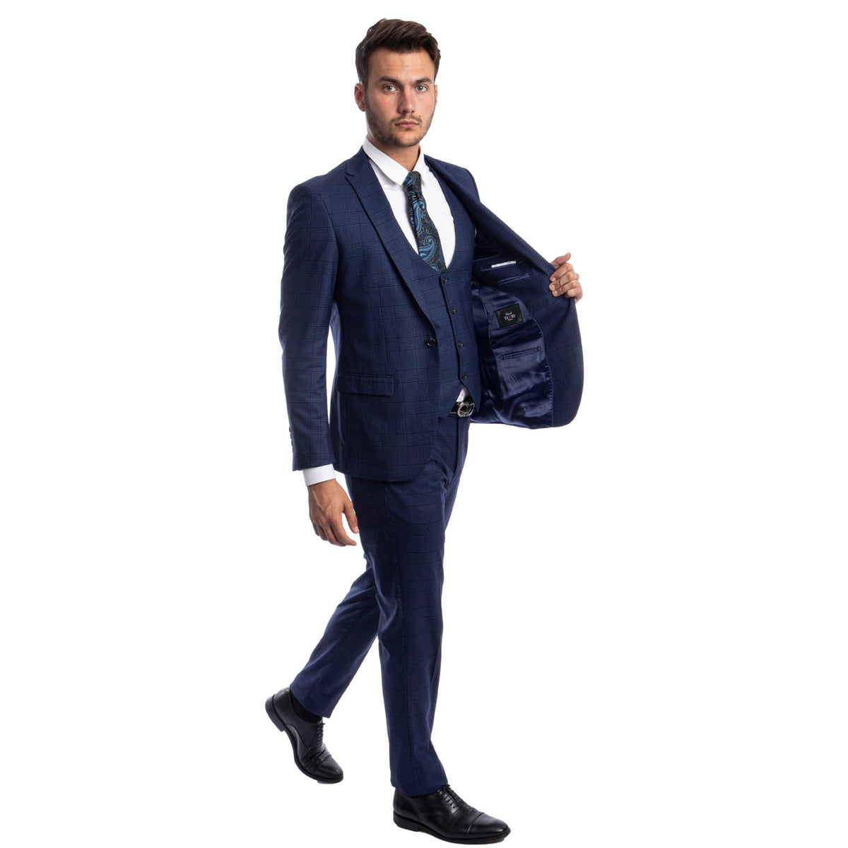 Blue Men's Ultra Slim - Fit 3 - Piece Glen Check Suit - Bundle Bus