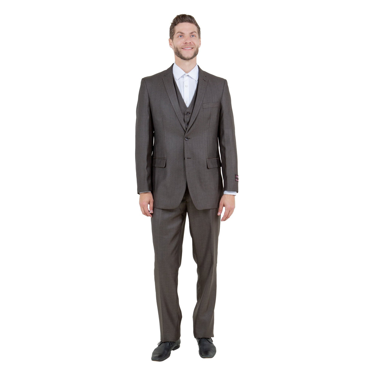 Brown Solid Shiny Sharkskin 3 - PC Regular Modern Fit Suits - Bundle Bus