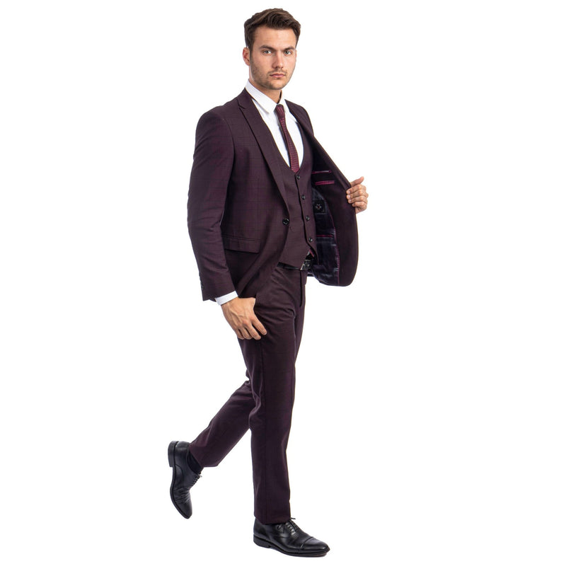 Burgundy Men's Ultra Slim - Fit 3 - Piece Glen Check Suit - Bundle Bus