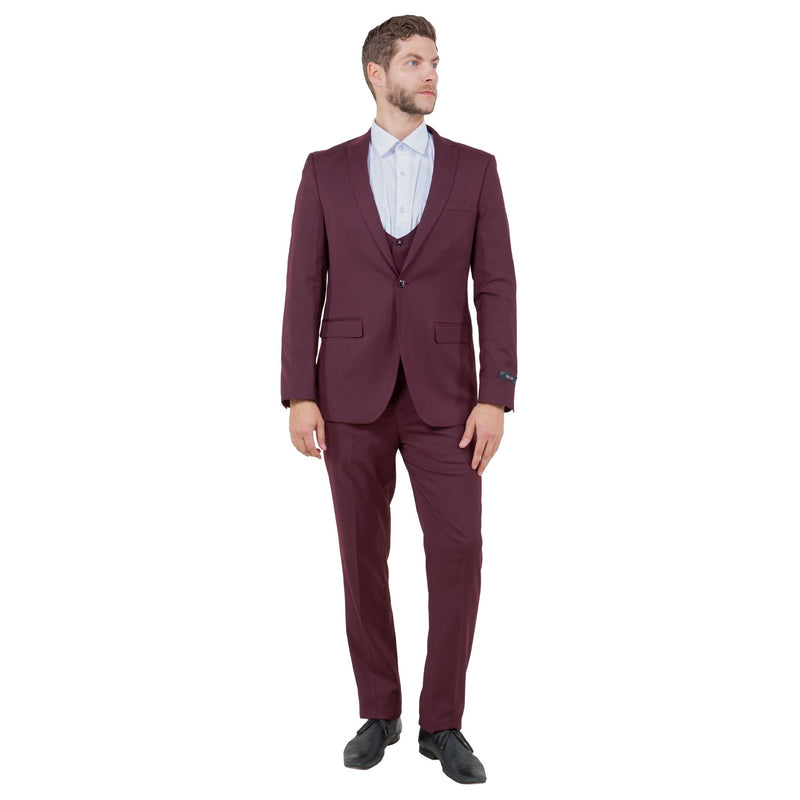 Burgundy Men's Ultra Slim - Fit 3pc Suit w/ Expandable Waistband - Bundle Bus