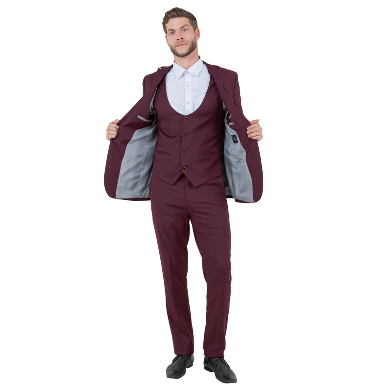 Burgundy Men's Ultra Slim - Fit 3pc Suit w/ Expandable Waistband - Bundle Bus
