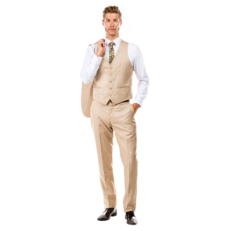 Dark Tan Men's Slim - Fit 3 - Piece Sharkskin Suit - Bundle Bus