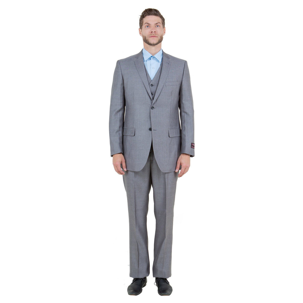 Gray Solid Shiny Sharkskin 3 - PC Regular Modern Fit Suits - Bundle Bus