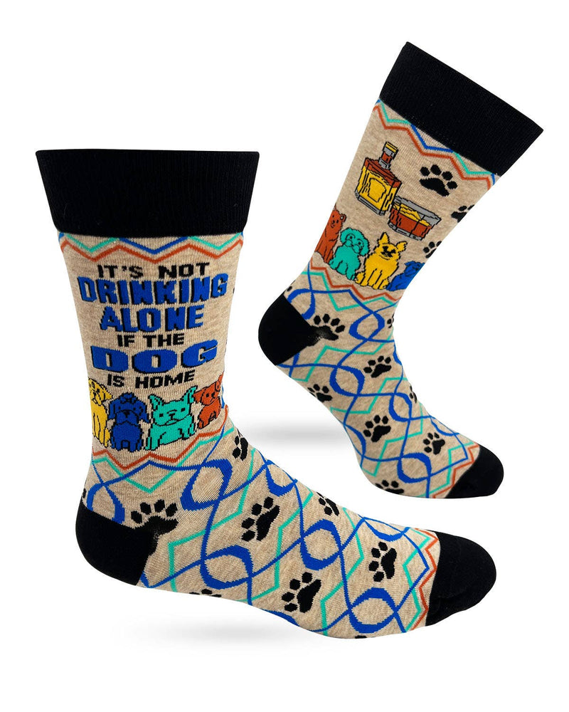 It’s Not Drinking Alone if the Dog is Home Men's Novelty Crew Socks - Bundle Bus