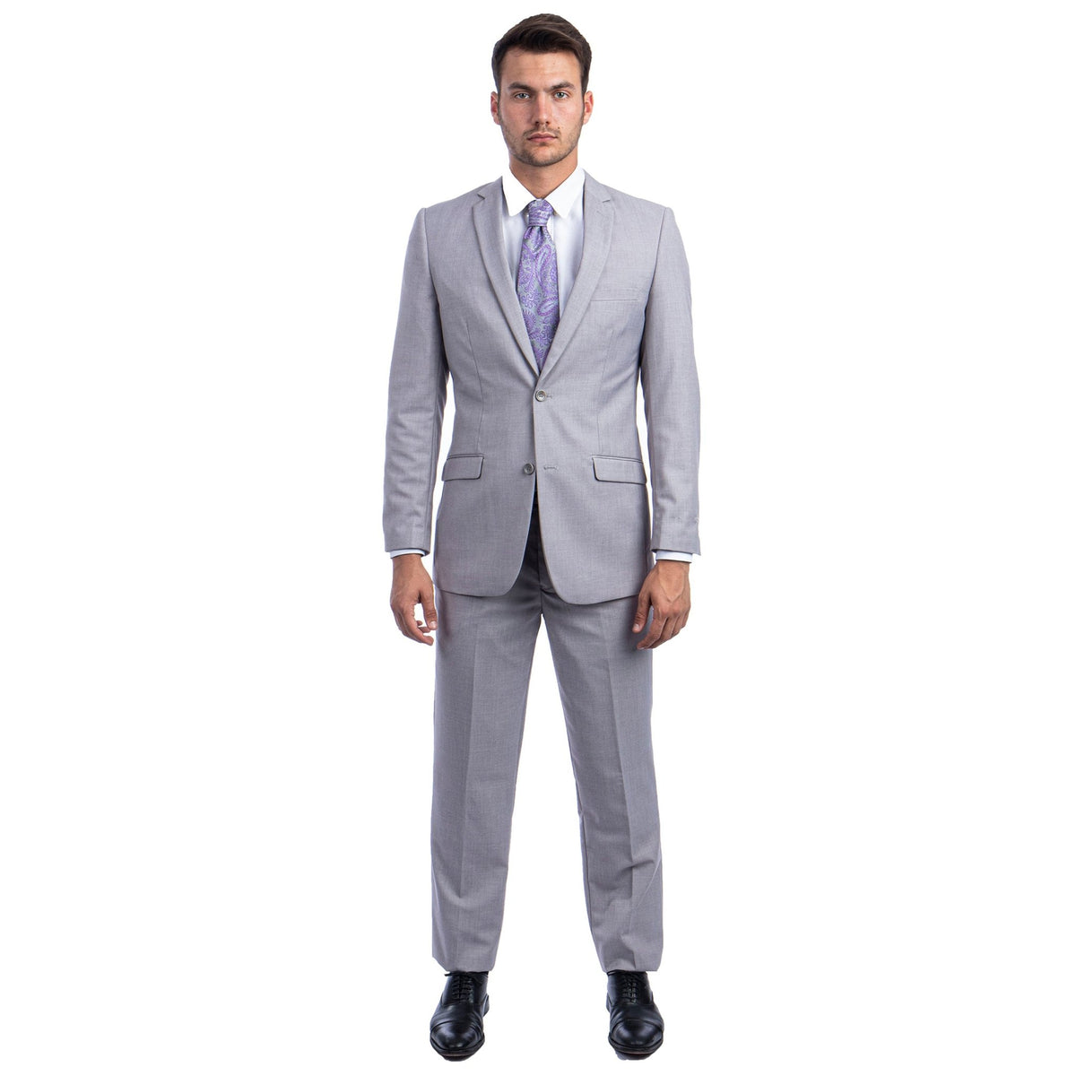Light Grey Men's Hybrid - Fit 3pc Paisley Suit w/ Wide Black Shawl Collar - Bundle Bus