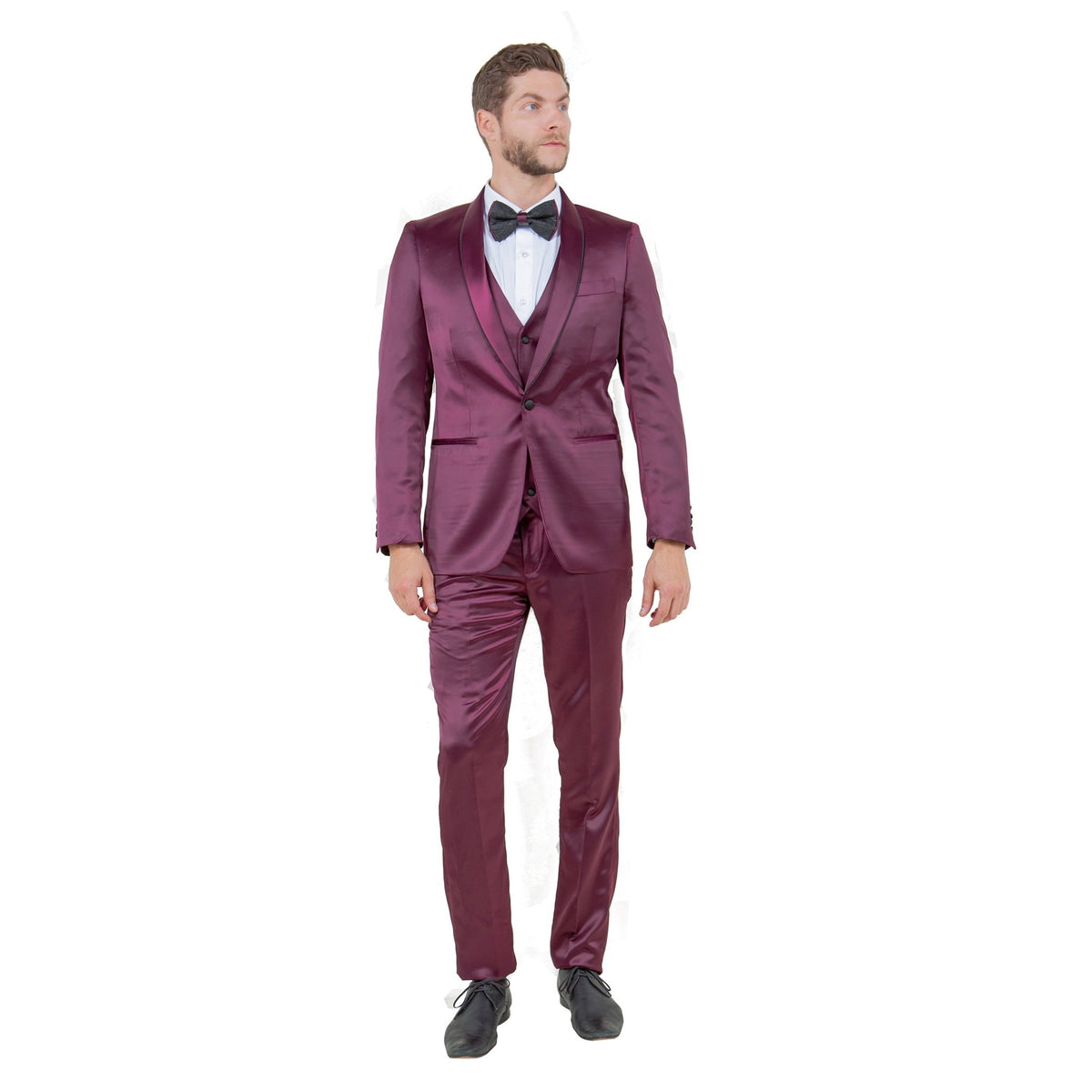 Mens 3pc Solid Satin Suit Set w/ Free Bowtie - Bundle Bus