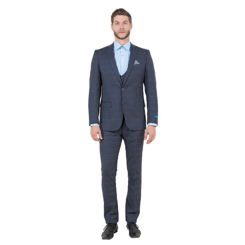 Men's Skinny - Fit Glen Plaid 3pc Suit Set w/ U - Neck Vest - Bundle Bus