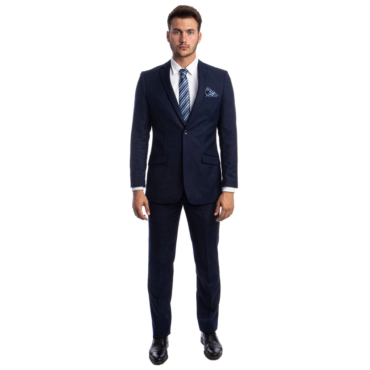 Navy Blue Men's Hybrid - Fit 3pc Paisley Suit w/ Wide Black Shawl Collar - Bundle Bus
