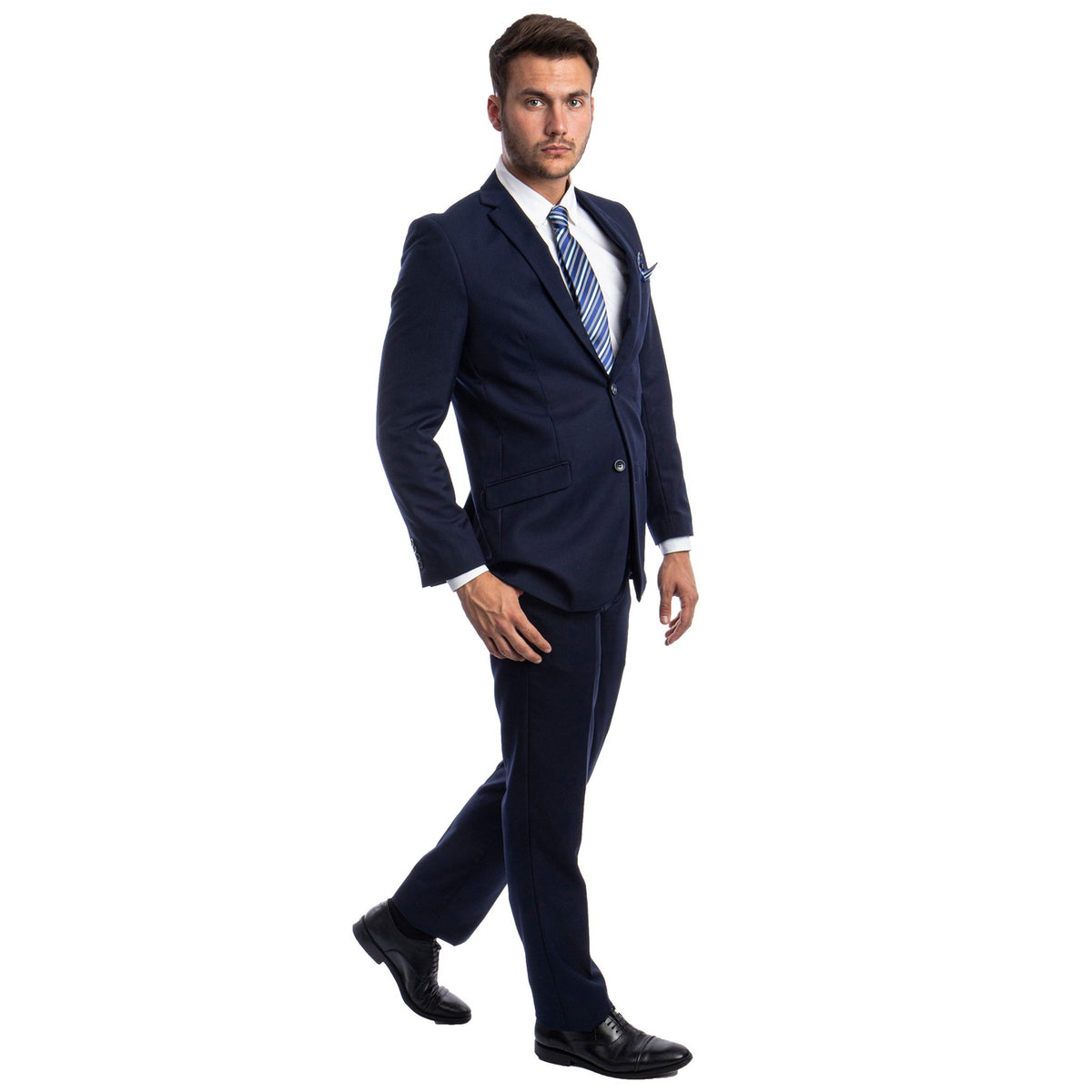 Navy Blue Men's Hybrid - Fit 3pc Paisley Suit w/ Wide Black Shawl Collar - Bundle Bus