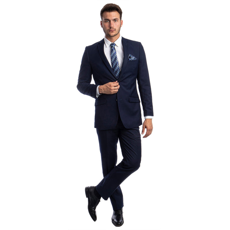 Navy Blue Men's Hybrid - Fit 3pc Paisley Suit w/ Wide Black Shawl Collar - Bundle Bus