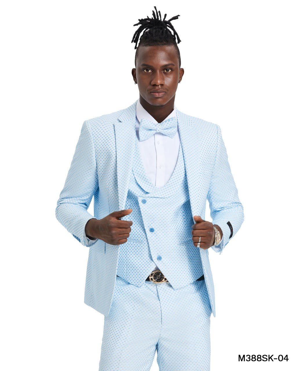 Sky Blue Suit with U - Shaped Shawl Collared Vest - Bundle Bus