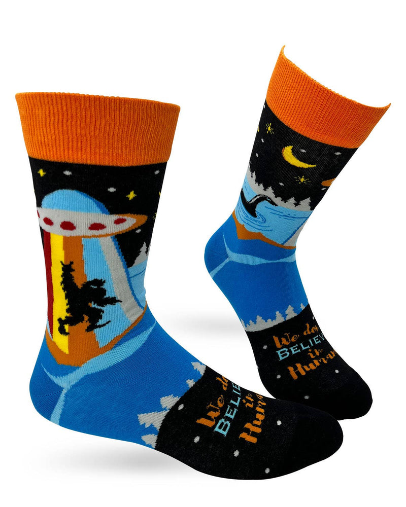 We Don't Believe in Humans Men's Novelty Crew Socks - Bundle Bus