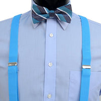 3pc Men's Turquoise Clip-on Suspenders, Striped Bow Tie & Hanky Sets - FYBTHSU-TURQ#1 - Bundle Bus