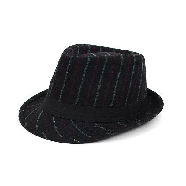 Fall/Winter Black Wool-Type Trilby Fedora Hat with Burgundy & Gray Stripes - H1805258 - Bundle Bus