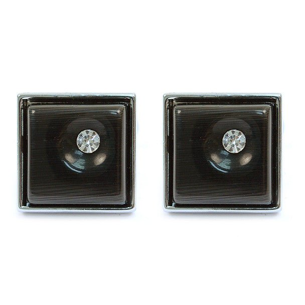 Silver-tone Crystal Black Stone Square Brass Cufflinks - Bundle Bus